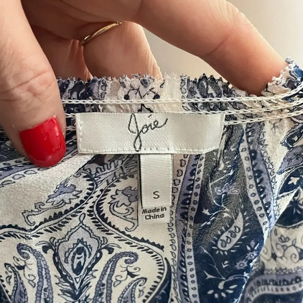 JOIE Silk Paisley Boho Blouse Navy White Flowy Semi Sheer Size Small - Picture 5 of 6